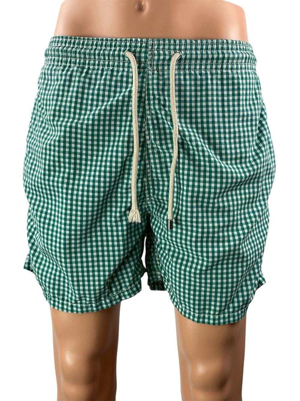 Solid & Striped Men's Green White Gingham Checkered Drawstring Swim Shorts Sz M